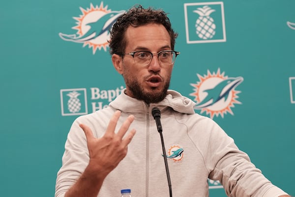 Miami Dolphins head coach Mike McDaniel speaks before an NFL football practice, Tuesday, June 3, 2025, in Miami Gardens, Fla. (AP Photo/Marta Lavandier)