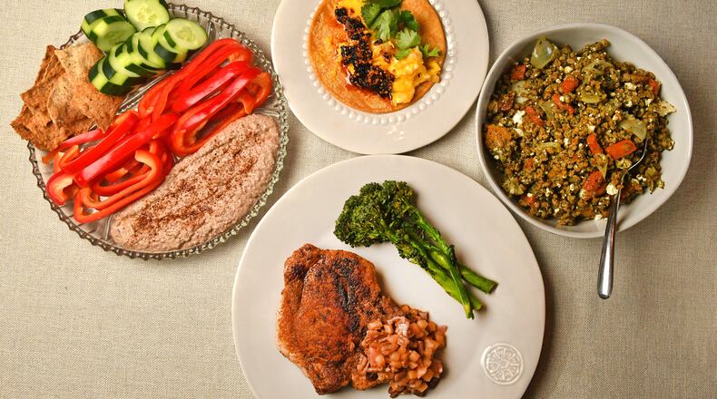 Pecans are one of Georgia's favorite crops, but you can expand your recipe plans beyond pie. Ideas include (clockwise, from left) Black-Eyed Pea and Pecan Butter Hummus, Cheesy Breakfast Tacos with Salsa Macha, Pecan Pesto Grain Salad, and Grilled Pork Chops with Apple and Pecan Relish. (Styling by Taylor Mead / Chris Hunt for the AJC)