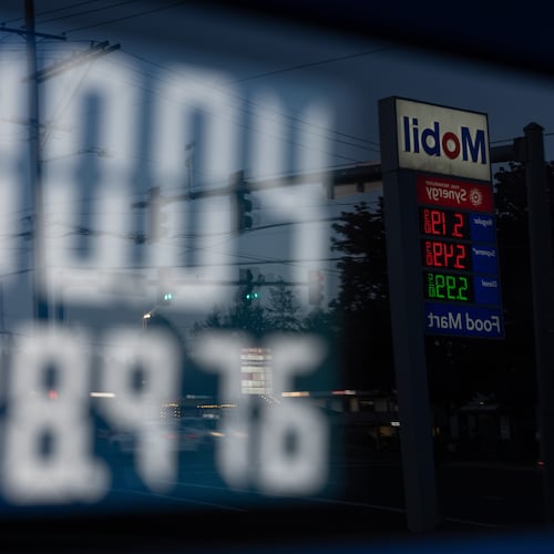 FILE - A display shows $110.04 for gasoline on a fuel pump at a Mobil gas station on Wednesday, April 29, 2026, in Portland, Ore. (AP Photo/Jenny Kane, File)