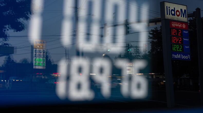 FILE - A display shows $110.04 for gasoline on a fuel pump at a Mobil gas station on Wednesday, April 29, 2026, in Portland, Ore. (AP Photo/Jenny Kane, File)