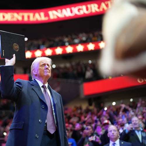 President Donald Trump during the inaugural parade inside Capitol One Arena following his inauguration as the 47th president in Washington, on Monday, Jan. 20, 2025. Trump raised $239 million to pay for inaugurtion festivities, including more than $5.2 million from Georgians, records show. (Doug Mills/The New York Times)