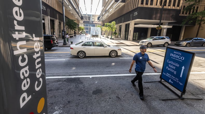 The faded crosswalk at Peachtree Center as seen on Wednesday, June 12, 2024. (AJC file)