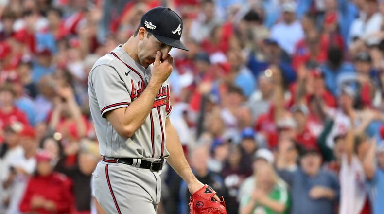 Braves starting pitcher Spencer Strider (65) is relieved after the six-run during third inning of game three of the National League Division Series against the Philadelphia Phillies at Citizens Bank Park in Philadelphia on Friday, October 14, 2022. (Hyosub Shin / Hyosub.Shin@ajc.com)
