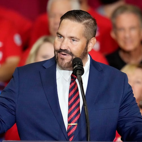 FILE - Maricopa County Recorder candidate Arizona state Rep. Justin Heap, R-Phoenix, speaks during a campaign event Oct. 22, 2024, in Peoria, Ariz. (AP Photo/Ross D. Franklin, File)