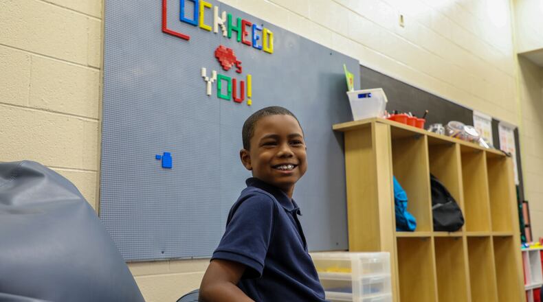 Zion Bilal sits on new beanbags for the first time at Lockheed Elementary.