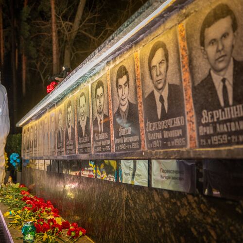 A man looks at a memorial dedicated to firefighters and workers who died after the 1986 Chornobyl (Chernobyl) nuclear disaster, ahead of its 40th anniversary in Slavutych, Ukraine, Saturday, April 25, 2026. Chornobyl is the Ukrainian name for the city. (AP Photo/Dan Bashakov)