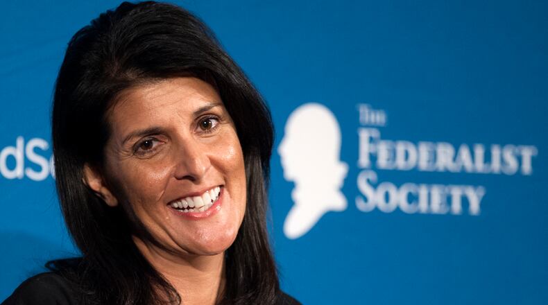 South Carolina Gov. Nikki Haley speaks at the Federalist Society's National Lawyers Convention, Friday, Nov. 18, 2016, in Washington. (AP Photo/Cliff Owen)