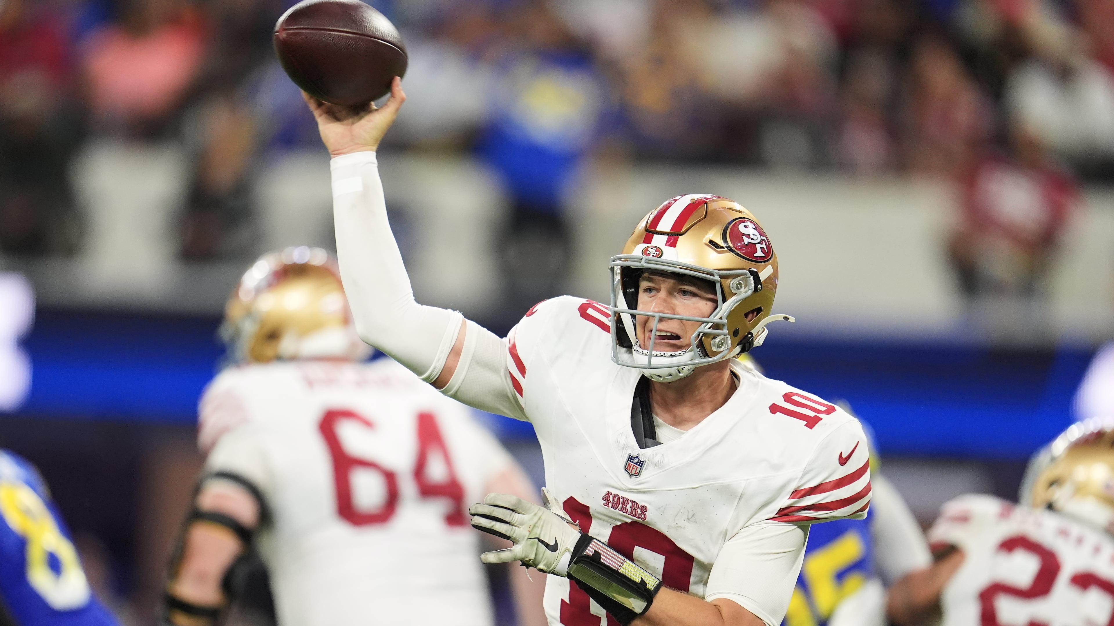 San Francisco 49ers quarterback Mac Jones passes against the Los Angeles Rams during the second half of an NFL football game, Thursday, Oct. 2, 2025, in Inglewood, Calif. (AP Photo/Marcio Jose Sanchez)