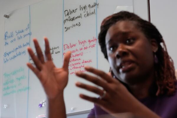 Public health director Dr. Marvia Jones, talks about federal grant cuts to the Kansas City Health department, Wednesday, April 9, 2025, in Kansas City, Mo. (AP Photo/Charlie Riedel)