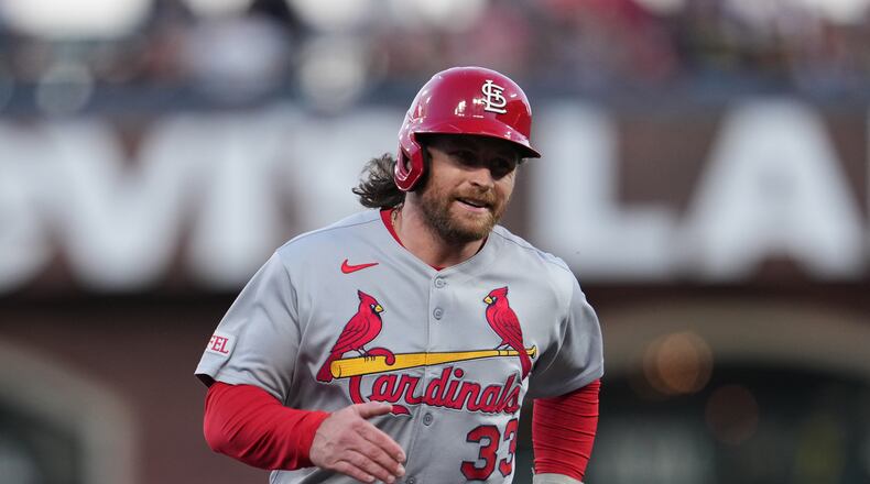 FILE - St. Louis Cardinals' Brendan Donovan against the San Francisco Giants during the first inning of a baseball game, Sept. 23, 2025, in San Francisco. (AP Photo/Godofredo A. Vásquez, File)
