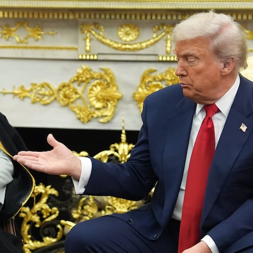 President Donald Trump meets Saudi Arabia's Crown Prince Mohammed bin Salman in the Oval Office of the White House, Tuesday, Nov. 18, 2025, in Washington. (AP Photo/Evan Vucci)