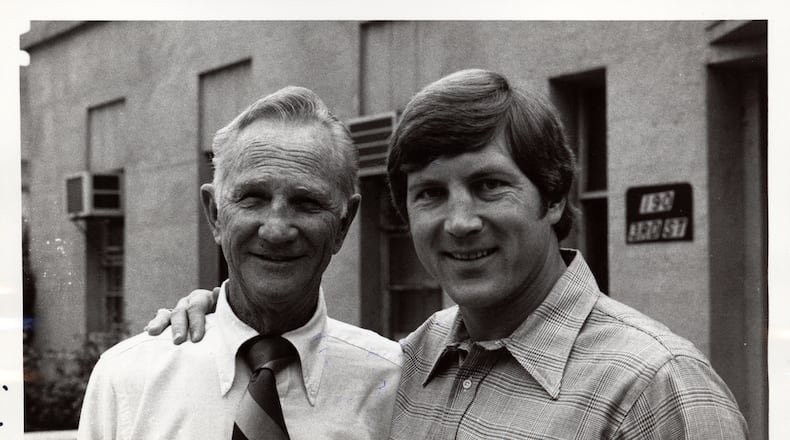 Bill Curry (right) starred as a center for the Yellow Jackets football team from 1963 to 1964 under coach Bobby Dodd (left). He was an Georgia Tech assistant coach in 1976 and was head coach from 1980-1986.