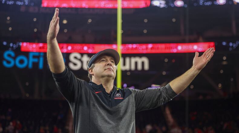 Georgia head coach Kirby Smart celebrates after their win against TCU in the 2023 College Football Playoff National Championship at SoFi Stadium, Monday, Jan. 9, 2023, in Inglewood, Ca. Georgia won 65-7. (Jason Getz/The Atlanta Journal-Constitution/TNS)