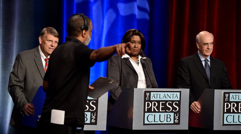 U.S. Senate candidate Jim Barksdale, right, and his two Democratic primary opponents at an Atlanta Press Club debate this spring. BRANT SANDERLIN/BSANDERLIN@AJC.COM