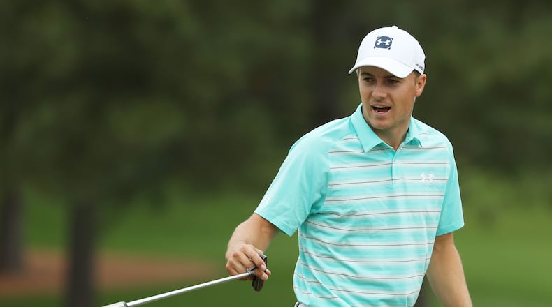 April 7, 2018 - Augusta, Ga: Jordan Spieth after his birdie putt on seven during the third round of the Masters Tournament Saturday, April 7, 2018, at Augusta National Golf Club. PHOTO / JASON GETZ