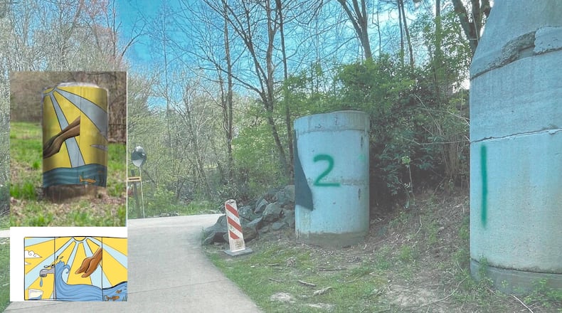 The North Fulton Rotary Club has been given approval from the Alpharetta Cultural Arts Commission for a mural project to beautify raised manholes along the Big Creek Greenway. Shown here are two of the manholes and one example of mural art to be painted. (Courtesy Alpharetta Cultural Arts Commission)