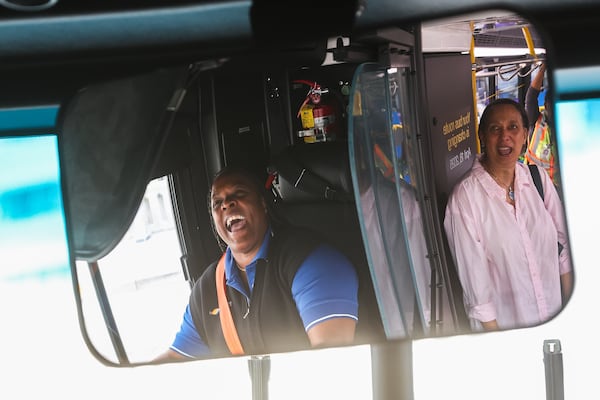 MARTA bus driver Antoinette Ragsdale laughs on the new Rapid A-Line bus in Atlanta on Saturday, April 18, 2026. (Abbey Cutrer/AJC)