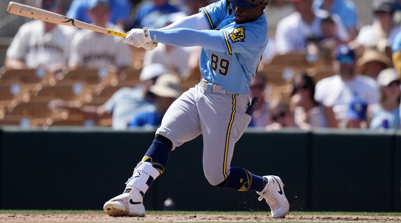 FILE - Milwaukee Brewers' Luis Lara follows through with his swing against the Los Angeles Dodgers during the third inning of a spring training baseball game, Monday, March 16, 2026, in Phoenix. (AP Photo/Ross D. Franklin,File)