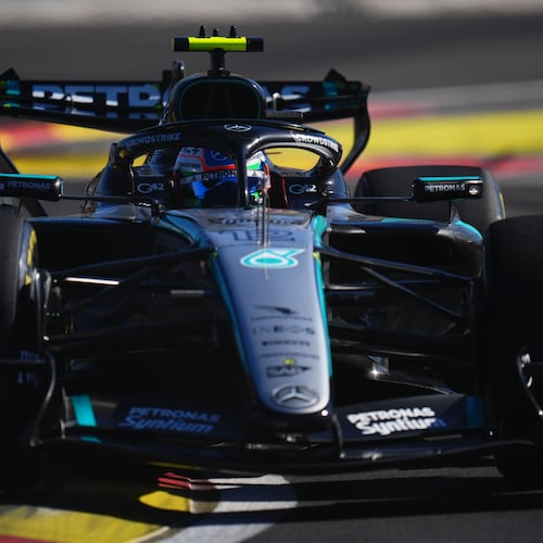 Mercedes driver Andrea Kimi Antonelli of Italy steers his car during the second free practice ahead of the Spanish Formula One Grand Prix, in Madrid, Friday, Sept. 11, 2026. (AP Photo/Manu Fernandez)