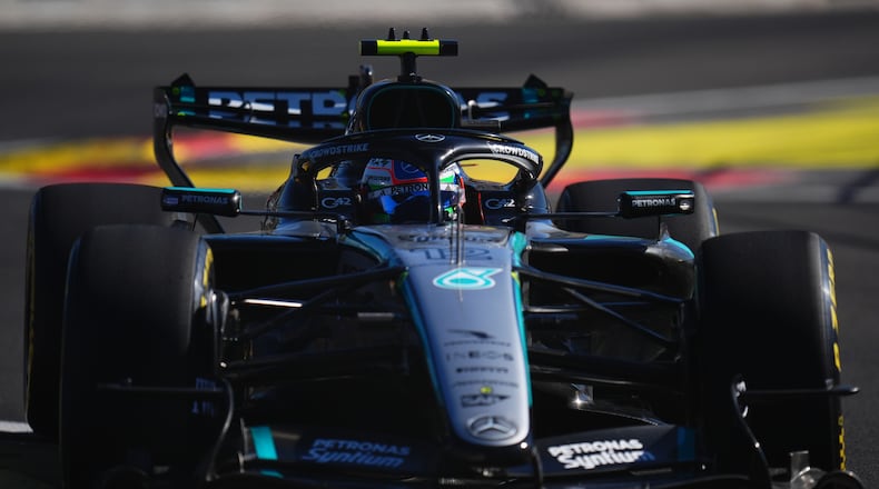 Mercedes driver Andrea Kimi Antonelli of Italy steers his car during the second free practice ahead of the Spanish Formula One Grand Prix, in Madrid, Friday, Sept. 11, 2026. (AP Photo/Manu Fernandez)