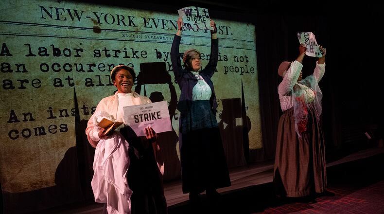 Jamila Turner, Kenedi Deal and Makallen Kelley play Atlanta washerwomen who go on strike in 1881 in the new play “The Wash” by Kelundra Smith. (Courtesy of Casey Gardner Ford)