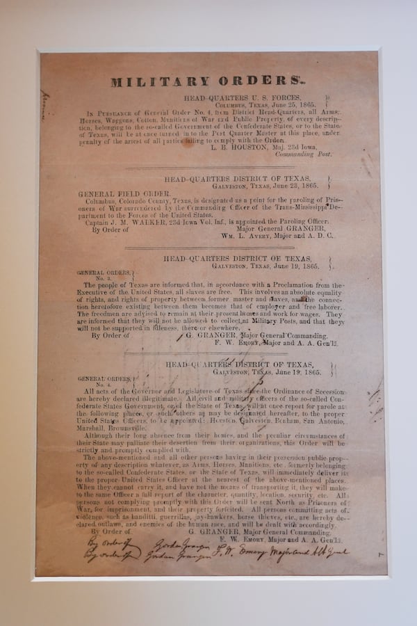 A view of the 1865 Juneteenth General Order No. 3 that is displayed by the Dallas Historical Society at the Fair Park Hall of State in Dallas, Friday, June 6, 2025. (AP Photo/LM Otero)