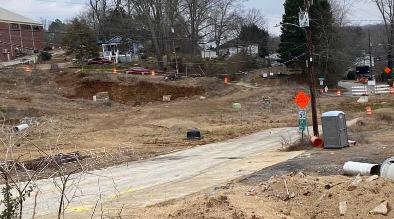 An image of Oxbo Road in Roswell where construction to realign the road stalled in early 2021.  Photo: Adrianne Murchison