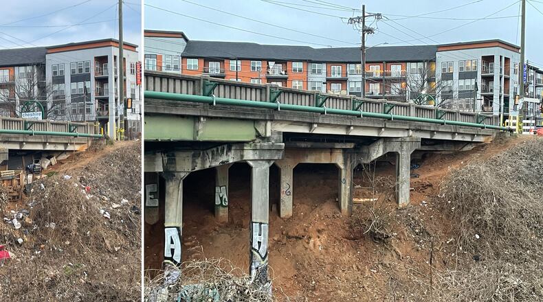 A sturdy homeless encampment has been built over the years under a bridge on Cheshire Bridge. The other side of this bridge had a fire last week, causing the road above it to be closed until engineers determine if the structure is safe. At left is what the underside of the bridge looked like on Dec. 22, 2023 and at right is what the bridge looked like on Jan. 2, 2024, after the encampment was removed. (Bill Torpy/bill.torpy@ajc.com)