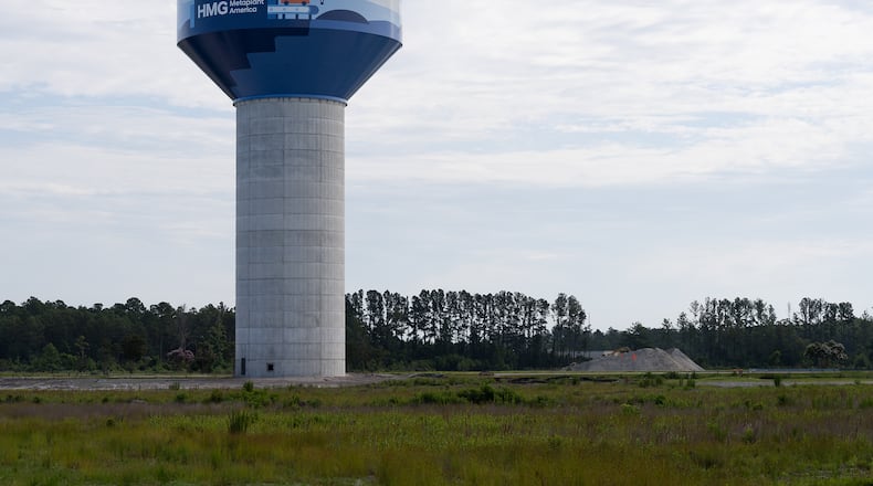 The water storage tank at the Hyundai EV factory site features artwork designed by Savannah College of Art and Design students. (Courtesy of Hyundai Motor Group Metaplant America)