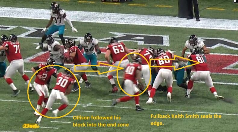 Rookie running Qadree Ollison follows the lead block of Keith Smith for a 3-yard touchdown run. (Fox Sports screen grab from Gamepass.nfl.com)