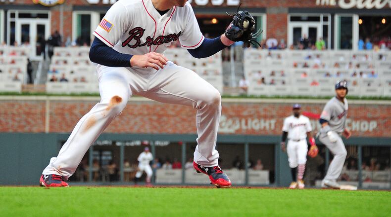 Freddie Freeman fields at ground ball at third base against the Astros in the second inning Tuesday in his first game at third base since rookie ball in 2007. He was back in the lineup at his familiar first-base position Thursday for a series opener at Washington. (Photo by Scott Cunningham/Getty Images)