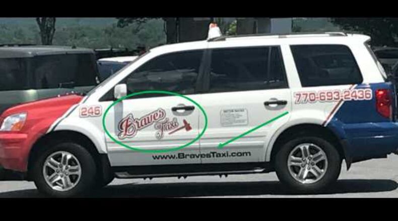 This is a photo of a Braves Taxi vehicle, the design of which the Atlanta Braves claim infringes upon the team's copyright. The green highlights were included in the lawsuit.