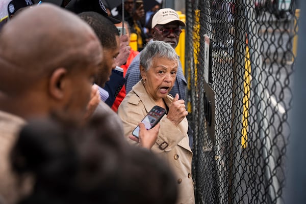 Rep. Bonnie Watson Coleman, D-N.J., and other protestors demand the release of Newark Mayor Ras Baraka after his arrest at an ICE detention prison, Friday, May 9, 2025, in Newark, N.J, (AP Photo/Angelina Katsanis)