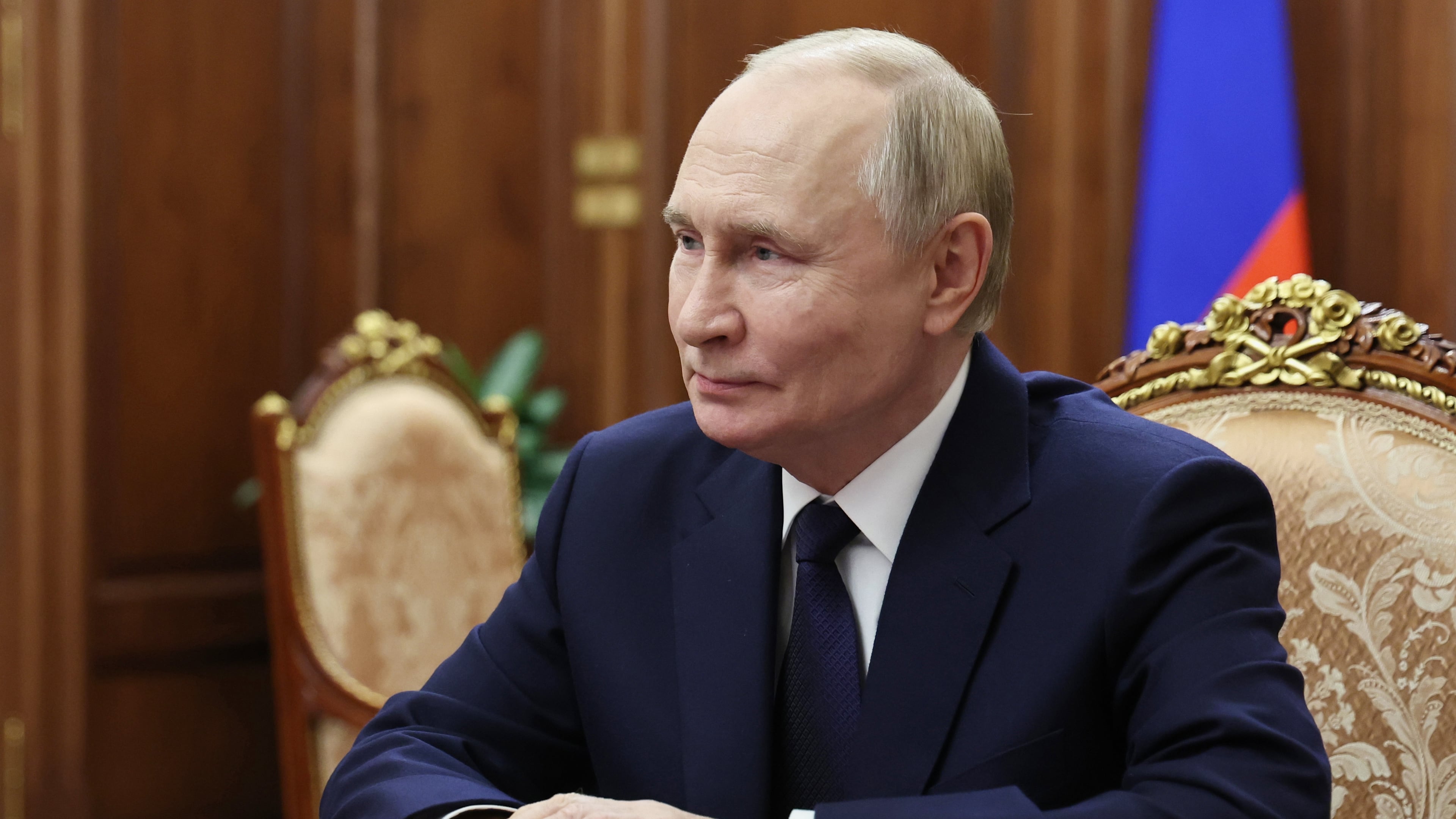 Russian President Vladimir Putin listens to Governor of the Yamal-Nenets Autonomous Area Dmitry Artyukhov during their meeting at the Kremlin, on Tuesday, Oct. 28, 2025. (Alexander Kazakov, Sputnik, Kremlin Pool Photo via AP)