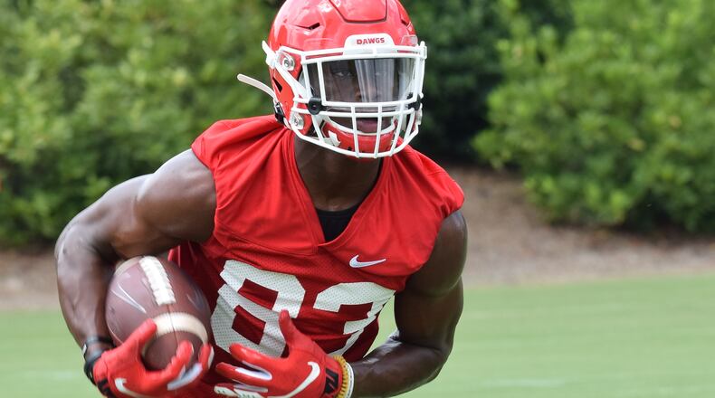 Georgia receiver George Pickens (83) has been turning heads with his playmaking ability during preseason camp. (Photo by Steven Colquitt/UGA)