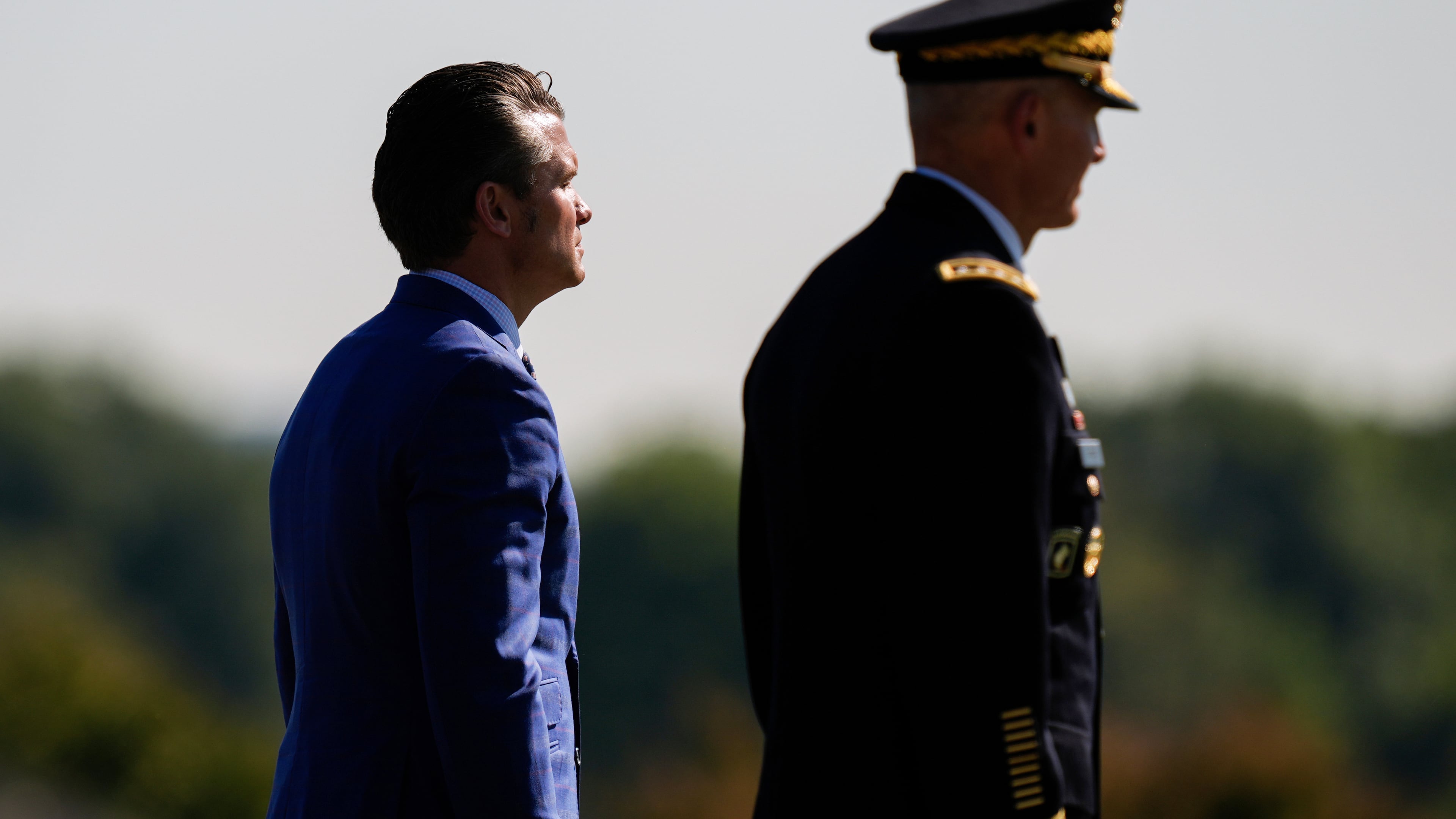FILE - Defense Secretary Pete Hegseth, left, and Army Chief of Staff Gen. Randy George review troops during the POW/MIA National Recognition Day Ceremony at the Pentagon, Sept. 19, 2025, in Washington. (AP Photo/Julia Demaree Nikhinson, File)