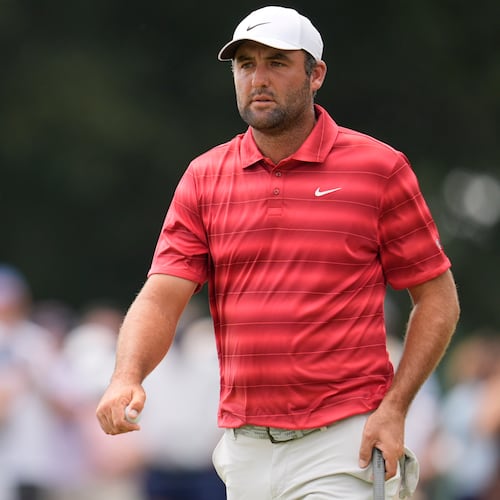 Scottie Scheffler walks on the first green during the third round of the PGA Tour Championship golf tournament, Saturday, Aug 29, 2026, in Atlanta.(AP Photo/Mike Stewart)