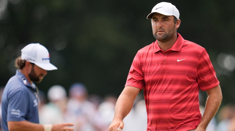 Scottie Scheffler walks on the first green during the third round of the PGA Tour Championship golf tournament, Saturday, Aug 29, 2026, in Atlanta.(AP Photo/Mike Stewart)