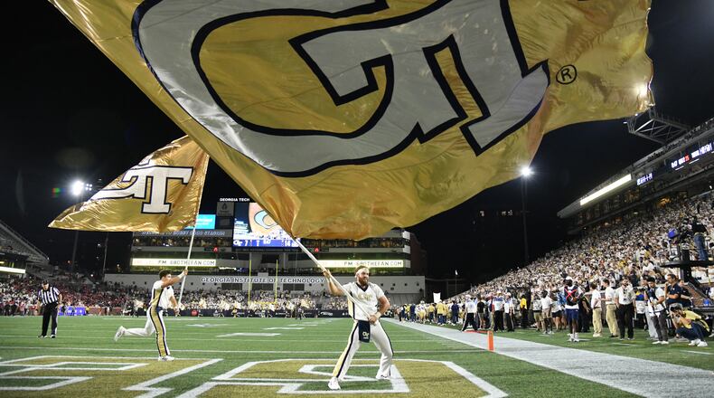 Georgia Tech fans cheer after wide receiver Kyric McGowan (2) scored a touchdown during the first half Saturday, Sept. 4, 2021, against Northern Illinois at Bobby Dodd Stadium in Atlanta. (Hyosub Shin / Hyosub.Shin@ajc.com)