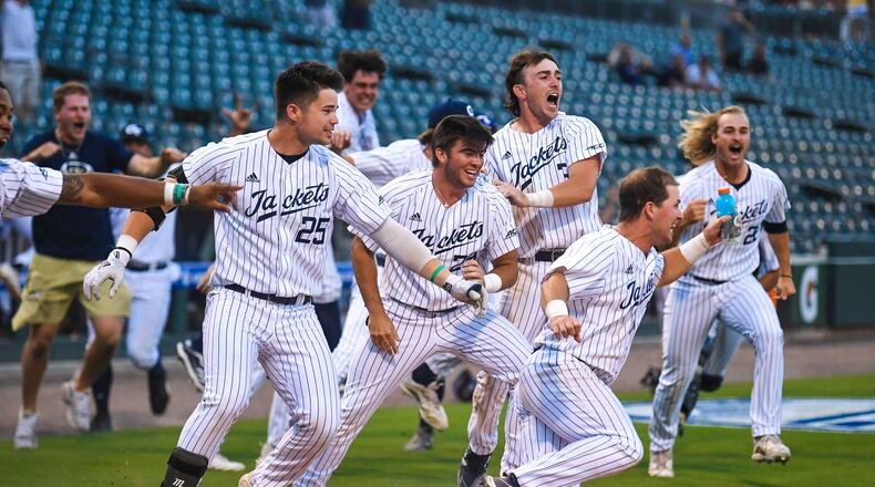 Georgia Tech players celebrate their 9-8 win over Louisville in 12 innings in the ACC Tournament May 27, 2021 at Truist Field in Charlotte, N.C. (Laura Wolff/ACC)