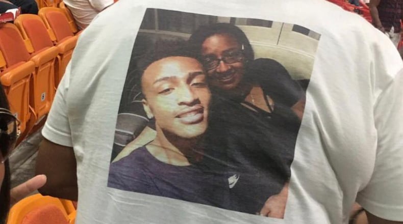 Lyria Rissing-Collins, mother of Atlanta Hawks forward John Collins, wore a custom shirt for her son’s first career NBA game. (photo credit/ John Collins’ twitter)