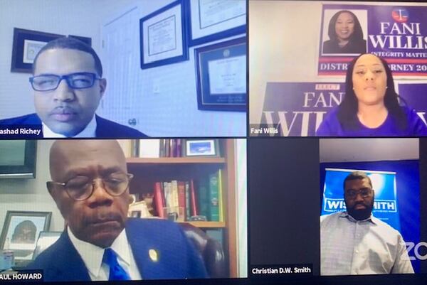 Paul Howard (bottom left) faced off in a virtual debate in April with two former deputies seeking to replace him as Fulton County District Attorney. Fani Willis (top right) and Christian Wise-Smith (bottom right) accused their former boss of running a dysfunctional, ineffective office.