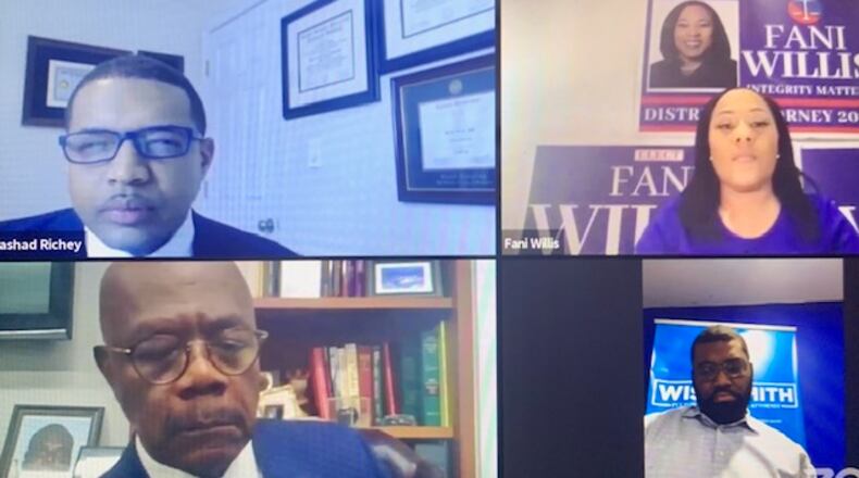 A screen shot from the last virtual debate. Paul Howard (bottom left) faces challengers Fani Willis (top right) and Christian Wise-Smith (bottom right).