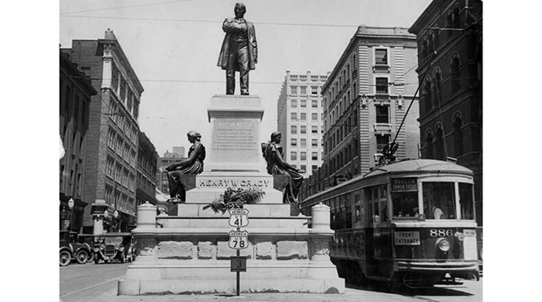 A streetcar passes the statue of Henry Grady on Marietta Street in downtown Atlanta in 1933.