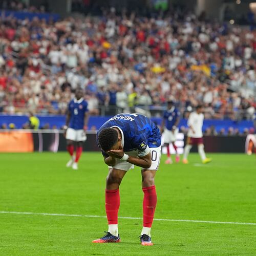 France's Kylian Mbappe reacts during a World Cup semifinal soccer match against Spain in Arlington, Texas, near Dallas, Tuesday, July 14, 2026. (AP Photo/Julio Cortez)