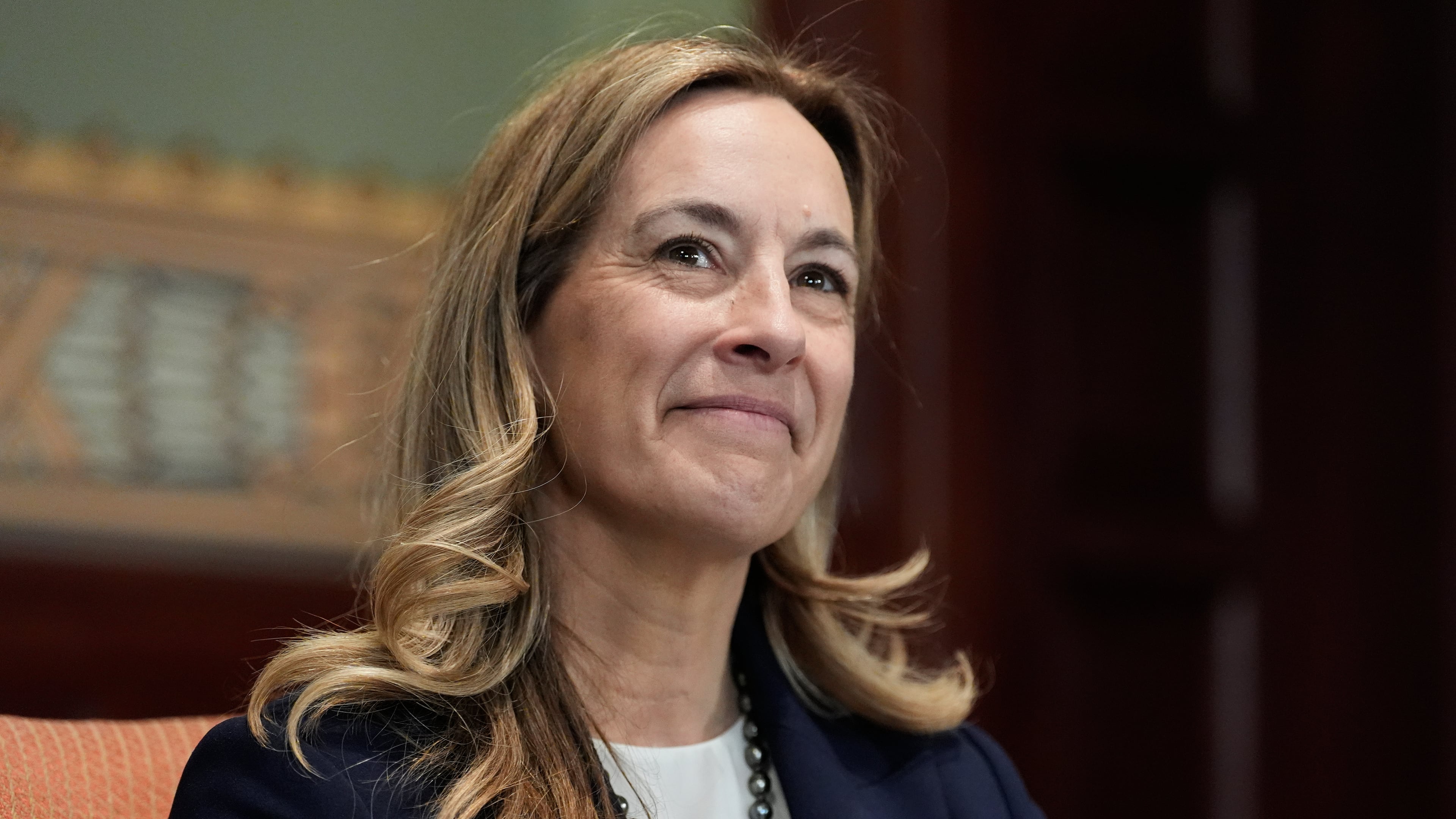 New Jersey governor-elect Mikie Sherrill attends a photo opportunity in the governor's office in Trenton, N.J., Wednesday, Nov. 5, 2025. (AP Photo/Seth Wenig)