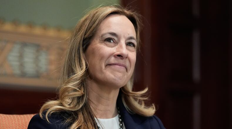 New Jersey governor-elect Mikie Sherrill attends a photo opportunity in the governor's office in Trenton, N.J., Wednesday, Nov. 5, 2025. (AP Photo/Seth Wenig)
