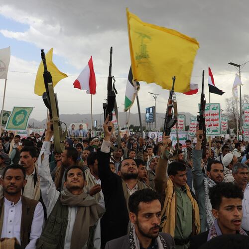 Houthi supporters attend a rally against the Saudi-led coalition in Sanaa, Yemen, Friday, July 31, 2026. (AP Photo/Osamah Abdulrahman)