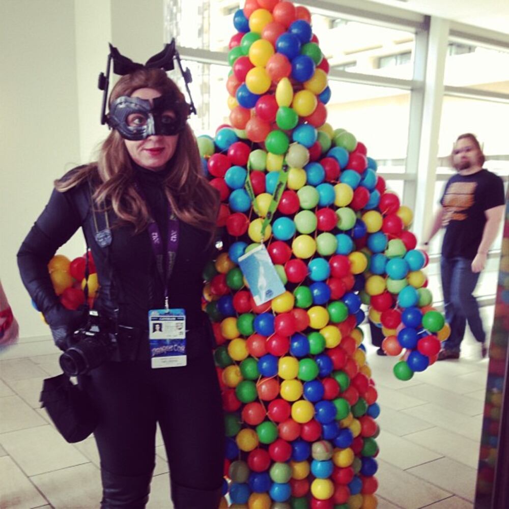 Ball pit monster & Cat Woman! #dragoncon #atl #ballpit #monster #colorful #weirdcombo #catwoman #leather -- @beetaygo