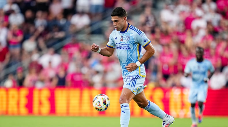 Atlanta United forward Daniel Ríos #19 taking a touch on the ball during the match against the St. Louis City SC at CITYPARK in St. Louis, MO on Saturday June 22, 2024. (Photo by Mitch Martin/Atlanta United)